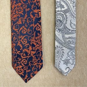 Pair of Hisdern ties- skinny paisley ties 1-1.5” orange white silver paisley